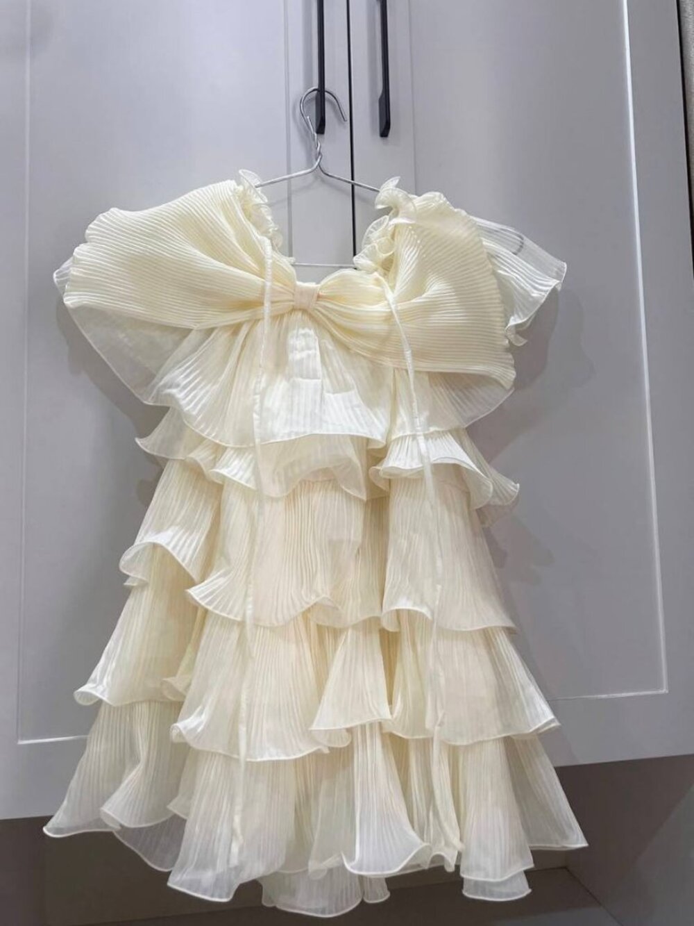 Cream Pleated Ruffle Dress
